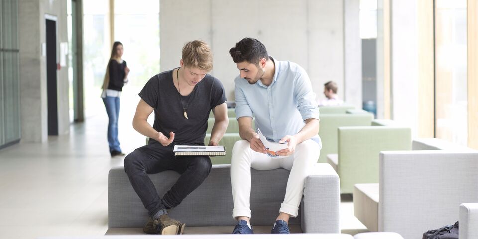 Ein blonder Student im schwarzen T-Shirt und ein dunkelhaariger Student im hellblauen Hemd beugen sich über einen Notizblock und unterhalten sich.